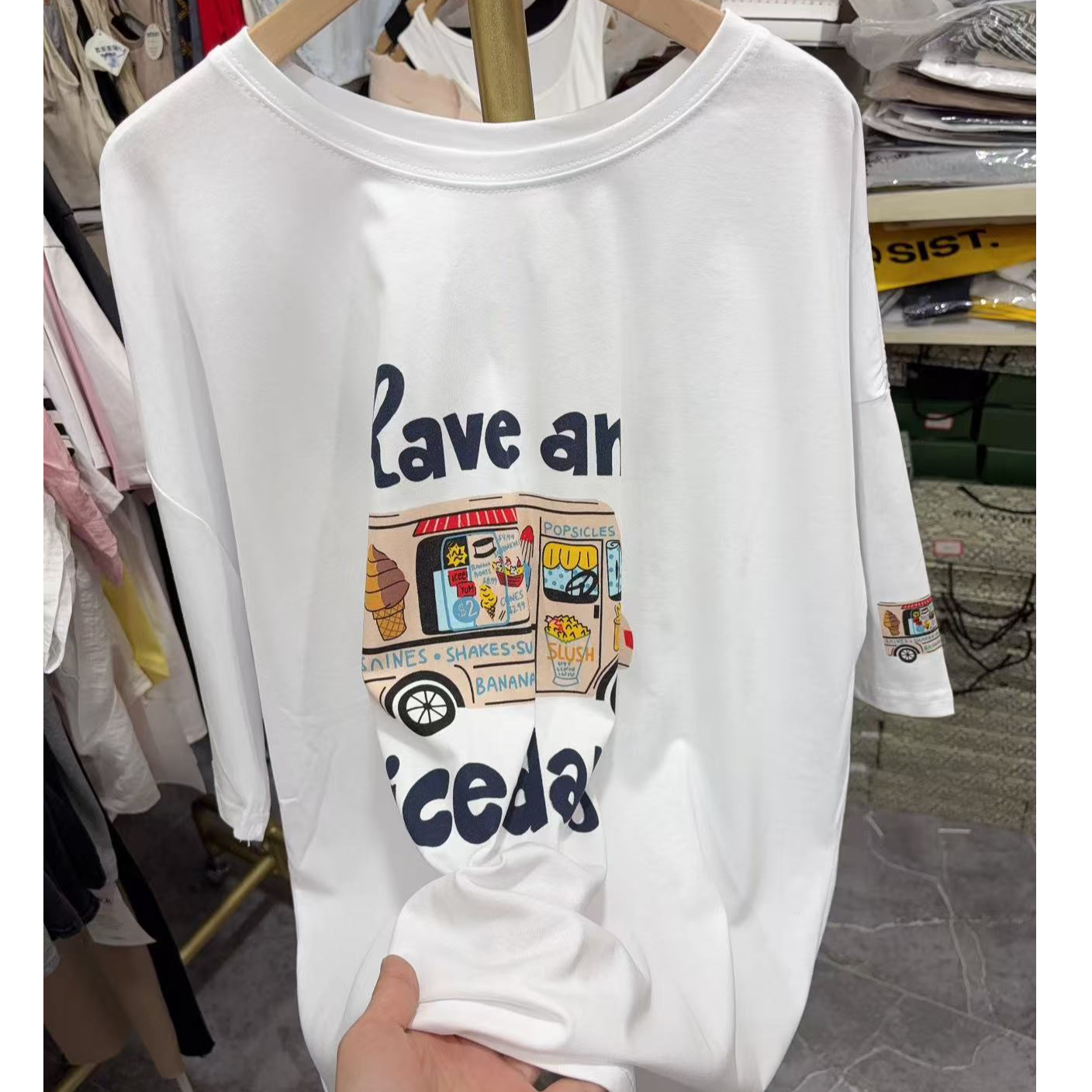 A2563白RA冰淇淋车印花宽松T恤