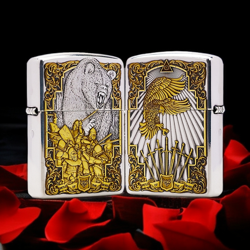 ZIPPO/之宝打火机镀银镀金【熊之战】盔甲机原装正品煤油机DYJ1