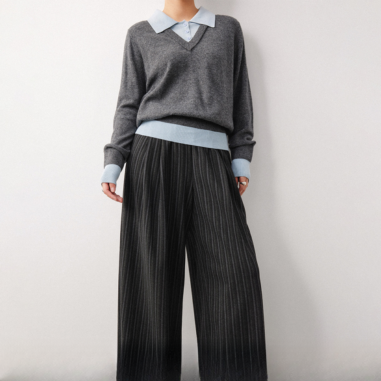 PLUSMALL 乌木闲庭 色织层次毛呢条纹宽松打褶直筒裤PLUS2511065