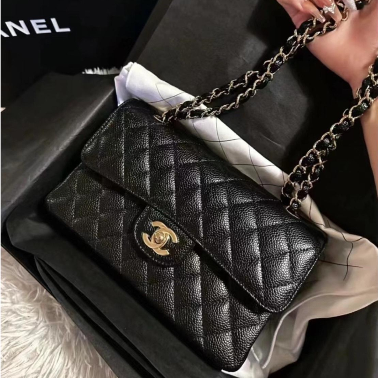 CHANEL cf 经典金扣菱格纹皮穿链链条口盖包斜挎单肩包 