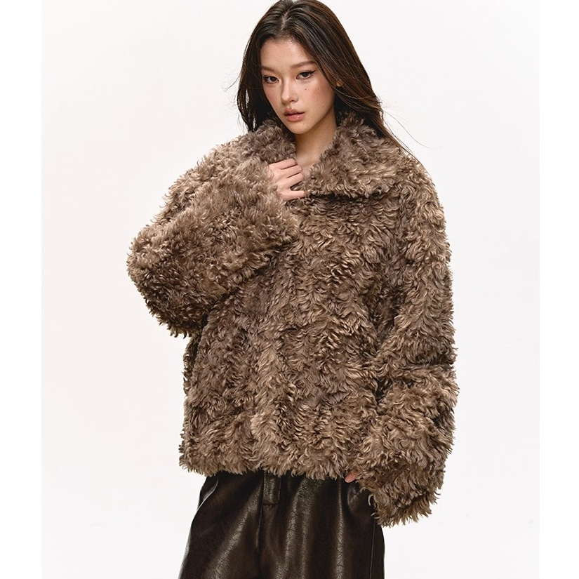 anna aneae泰迪绒人造皮草女秋冬季巴恩风咖色翻领加厚毛毛外套