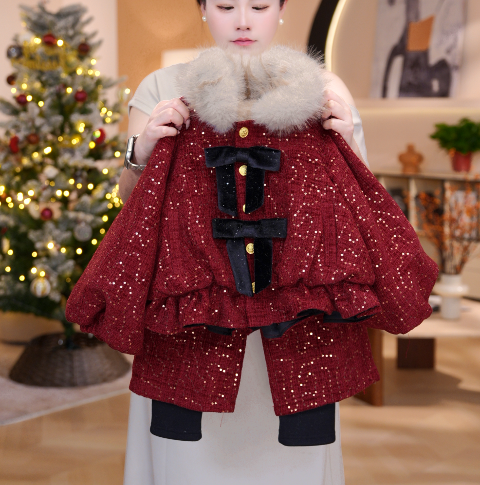 冬季女童加厚韩版蝴蝶结外套上衣外套裤子套装DC40731