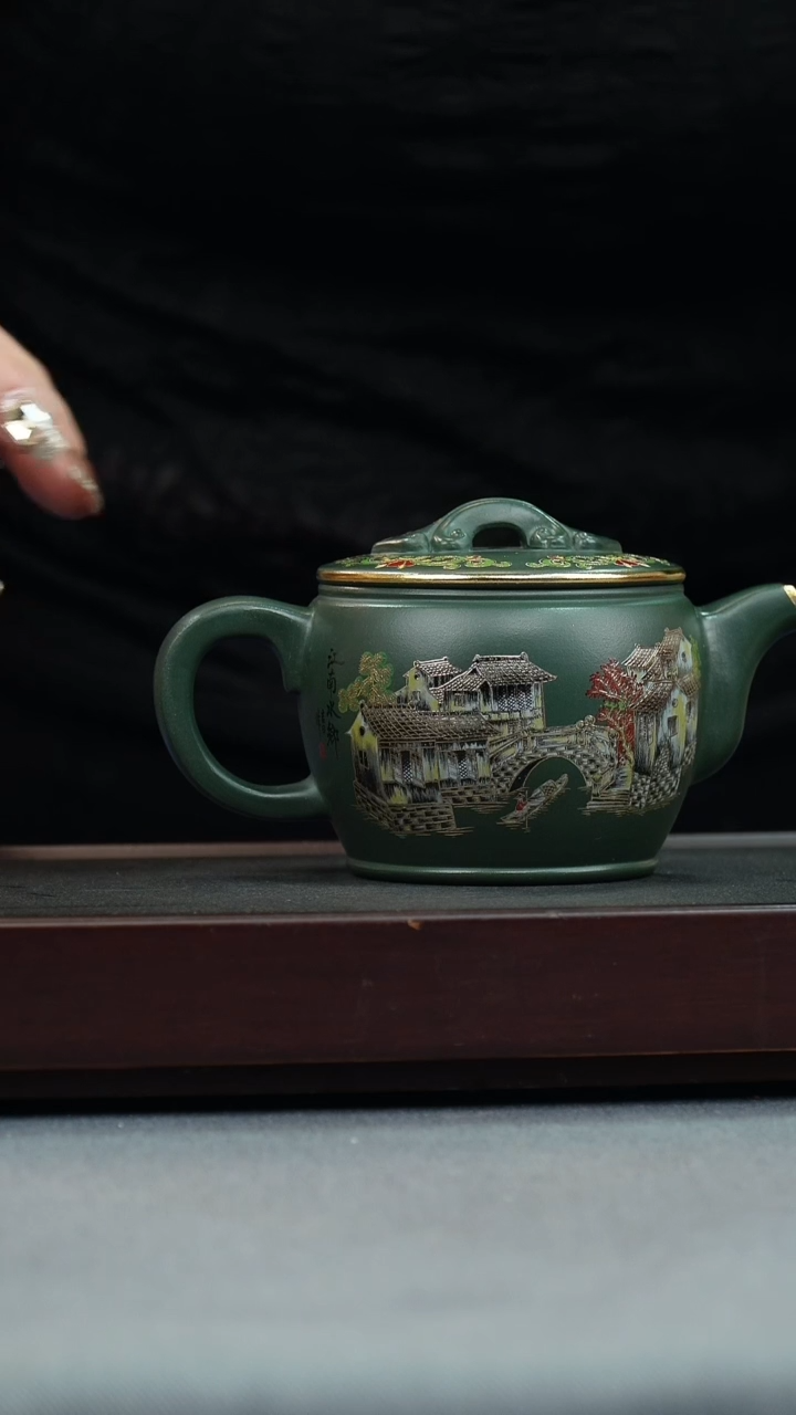 【闪购商品】紫砂茶壶绿泥 如意汉瓦 忆江南珐琅彩