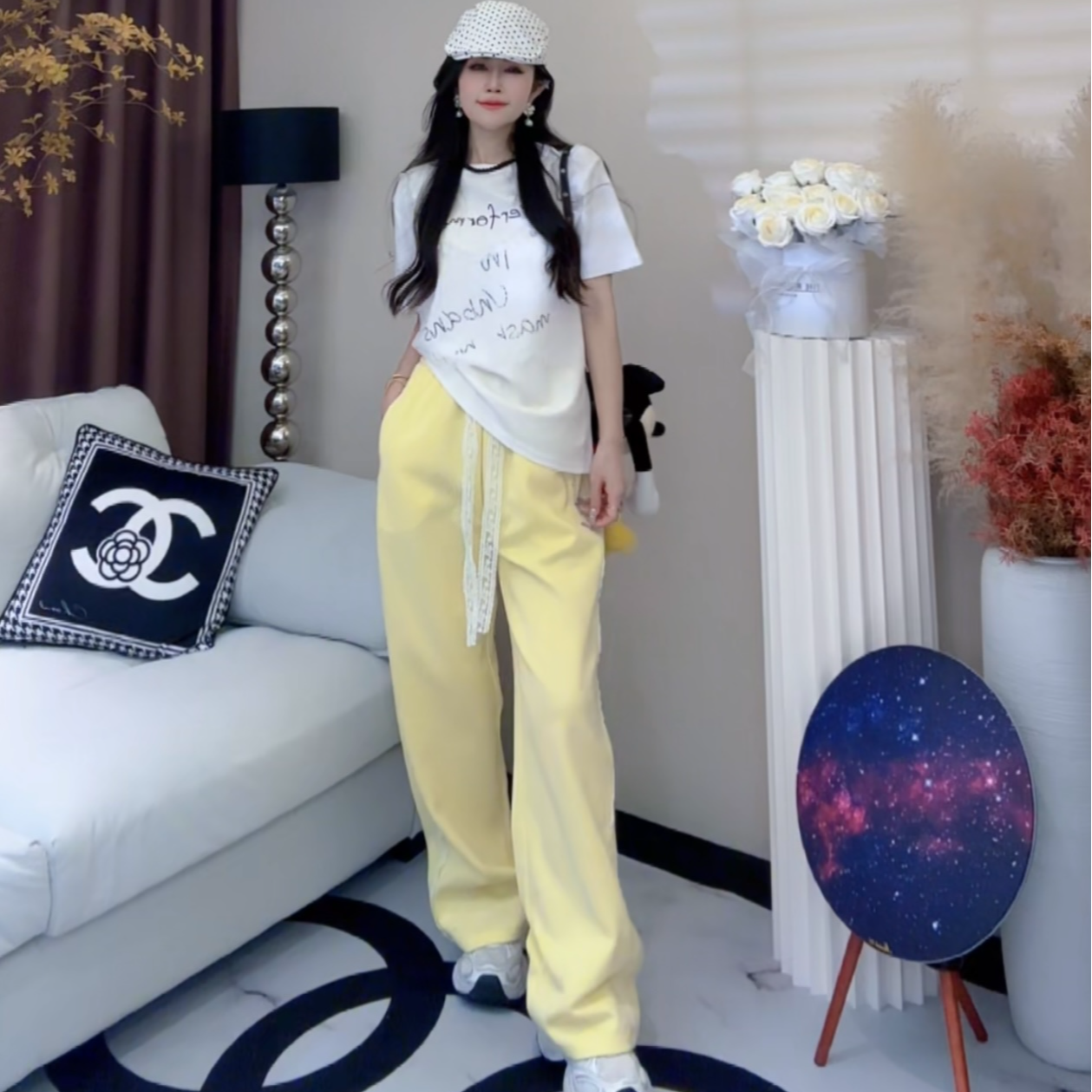 L.X~欧货蕾丝飘带抽绳直筒休闲卫裤女百搭时髦长裤亮色松紧腰6102