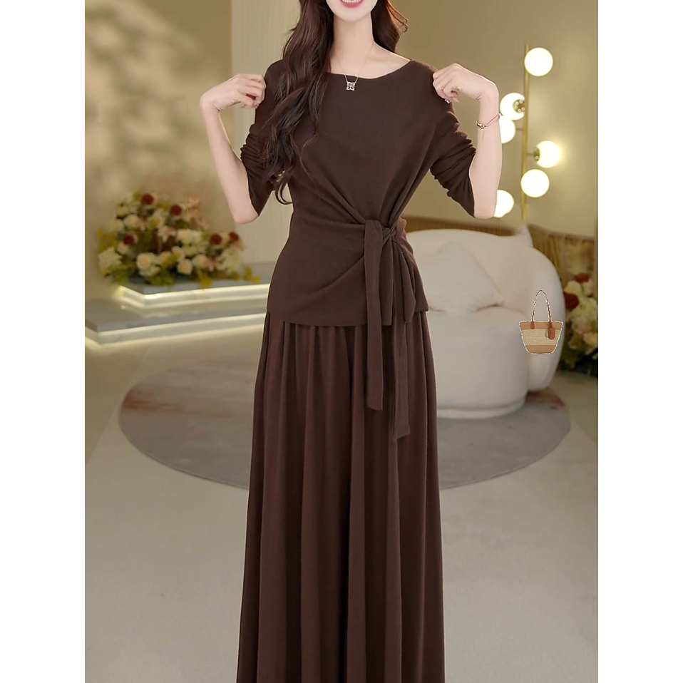 高端时尚休闲套装女2025秋季新款百搭系带收腰长袖上衣+阔腿裙裤