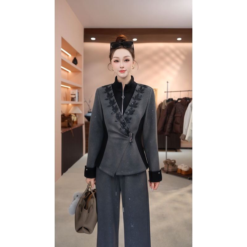 【MM.Studio】冬季新款时尚洋气显瘦减龄重工拼接卫衣套装-MM149