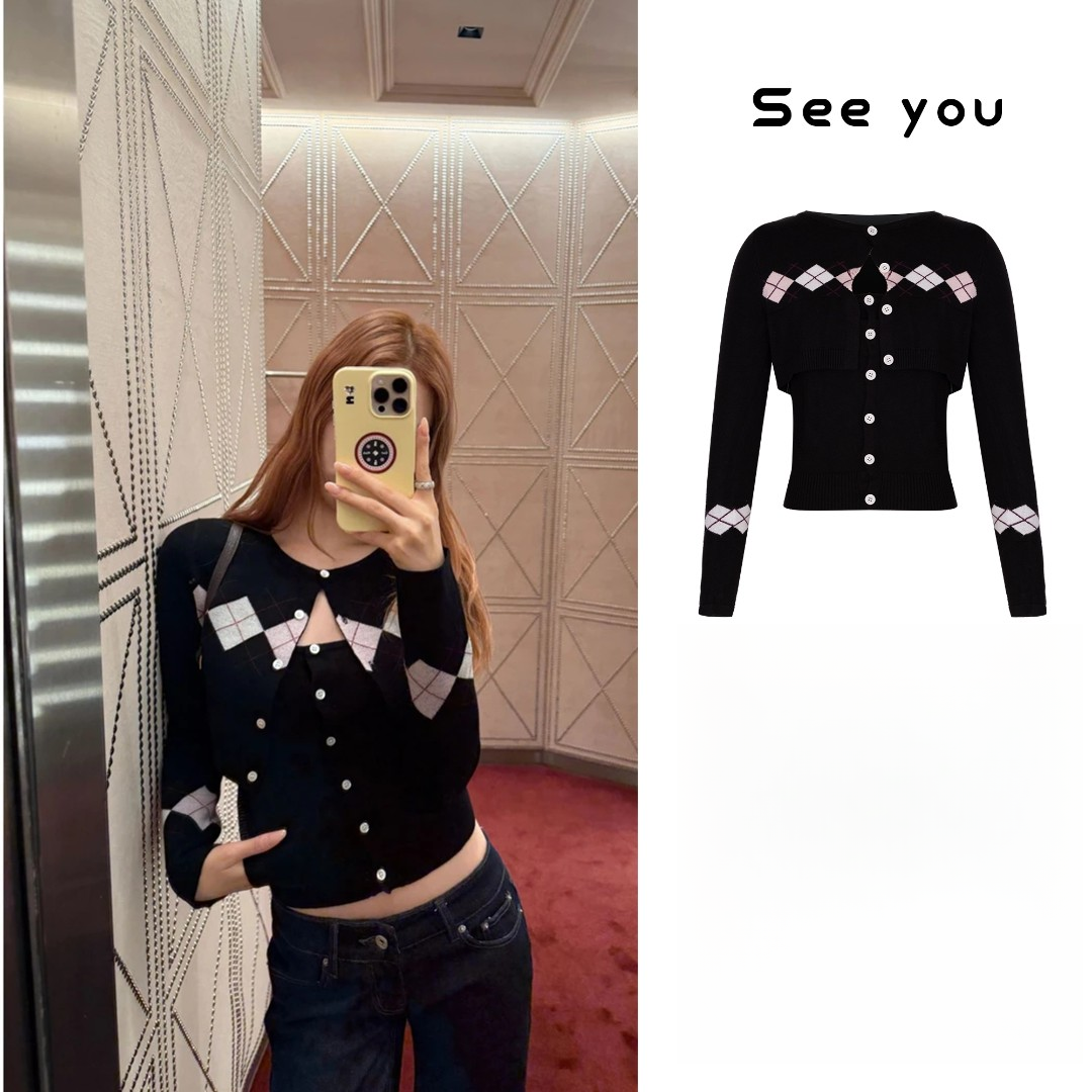  菱格秋季复古单排扣吊带上衣显瘦短款针织开衫两件套A1611