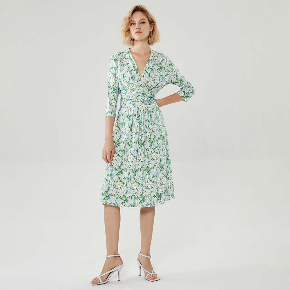 FALEMIG-萝家【真丝】春夏显瘦田园花朵波嬉捏褶连衣裙Y05400