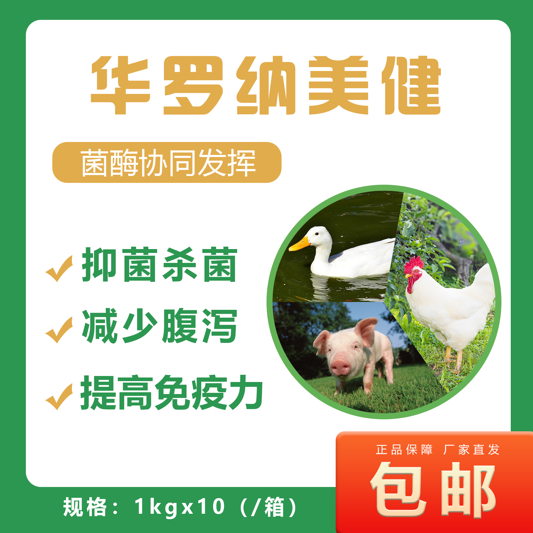 华罗纳美健鸡鸭鹅猪牛羊调理肠道提高免疫抗腹泻 有益菌添加剂