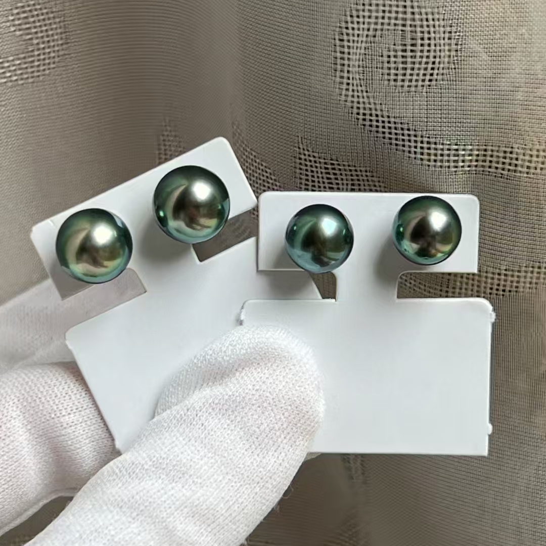 【真绮珍珠】大溪地黑珍珠铂金灰孔雀绿耳环极强光微瑕正圆经典简约