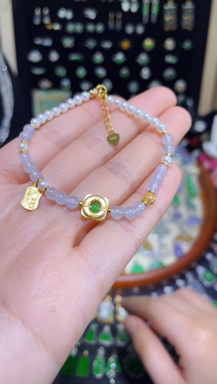 【闪购商品】翡翠颈饰18K金镶嵌卡4高冰玻珠子手串