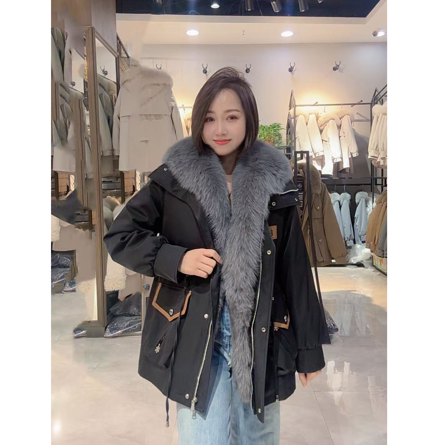 2730款派克服中长款门襟毛獭兔内胆狐狸毛领冬季