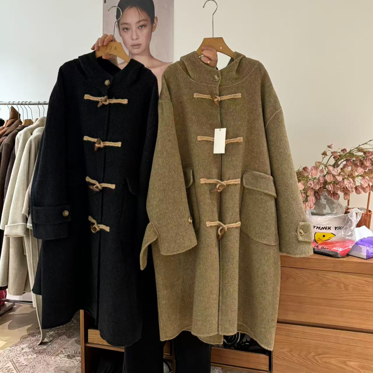 3398魔法学院 草绳复古牛角扣连帽双面羊毛大衣