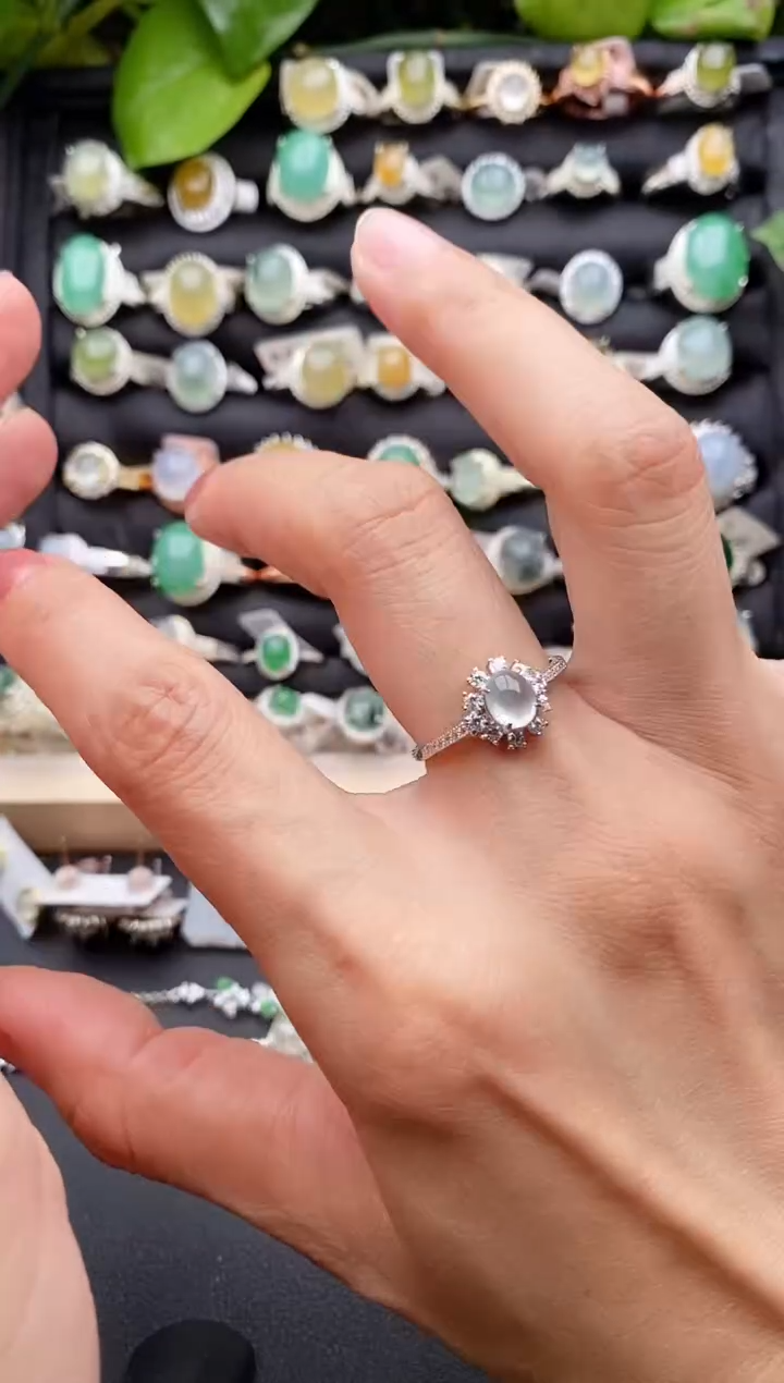 【闪购商品】翡翠戒指银S925镶嵌缅甸天然A货翡翠66  3-10