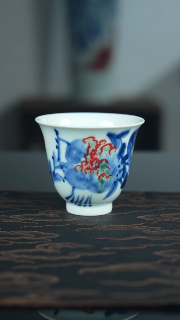 瓷片《笑口常开》青花釉里红主人杯