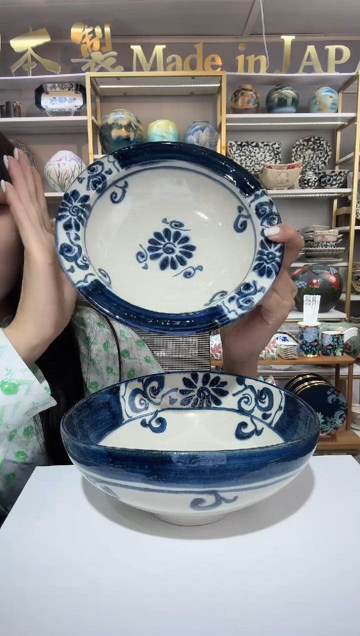 陶瓷宗山窑汤盘-蓝菊19.5cm一只