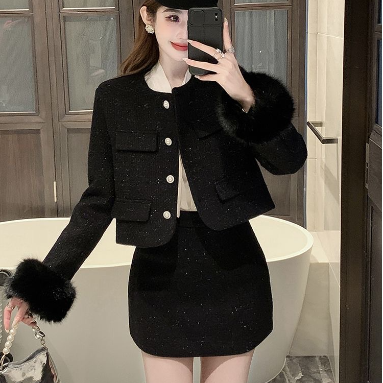 【圆圆】90白鸭绒微胖小香风套装女冬季时尚气质外套A字半身裙两件