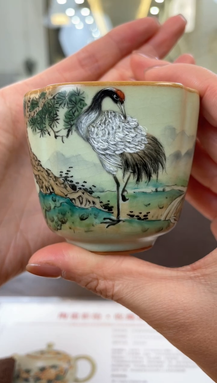 【闪购商品】周泽堂余秀华老师手绘君子四方杯（ 松鹤）