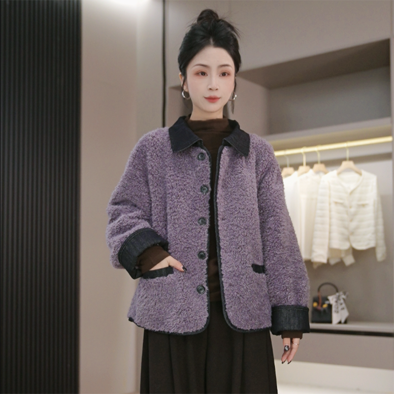 牛仔领女翻领时尚短外套小香风冬季保暖百搭毛毛外套皮毛一体