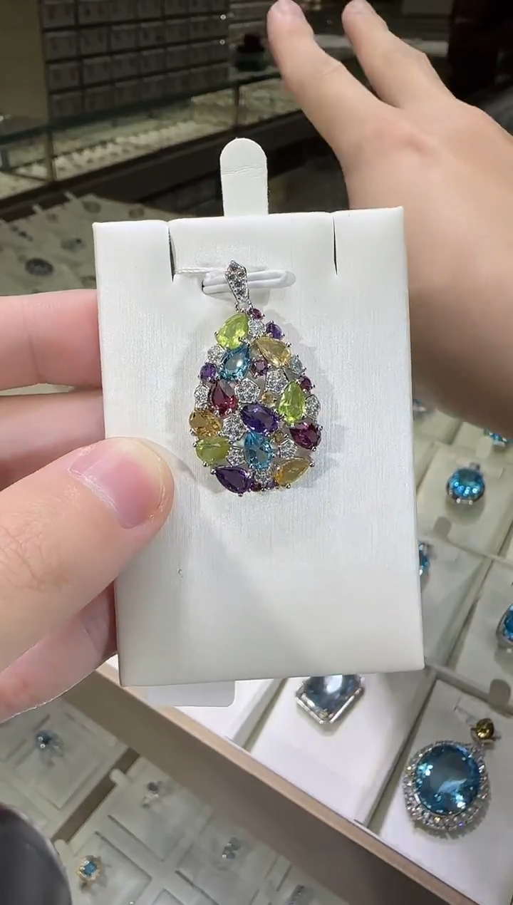 颈饰银S925镶嵌水晶多彩宝石吊坠
