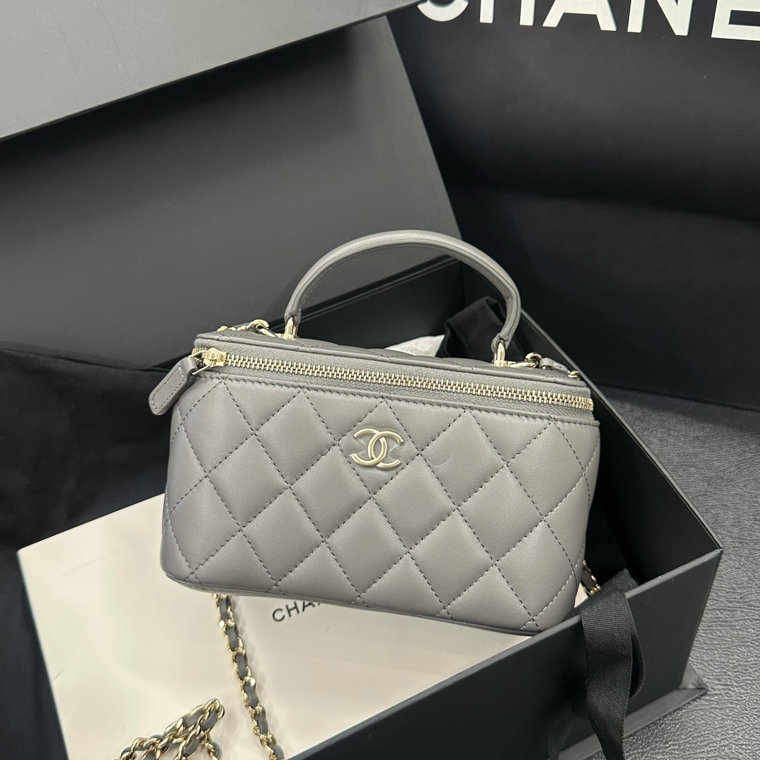 99新 Chanel/香奈儿 22A深灰色手柄长盒子包 羊皮 芯片款/公24500