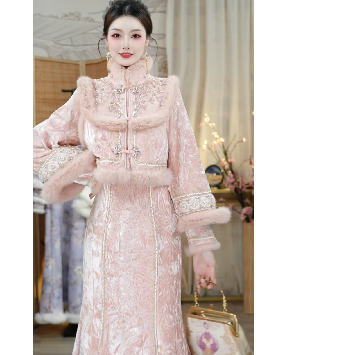 微岚熙2025冬季新款国风加绒粉色新中式女装套装（5959+5969）