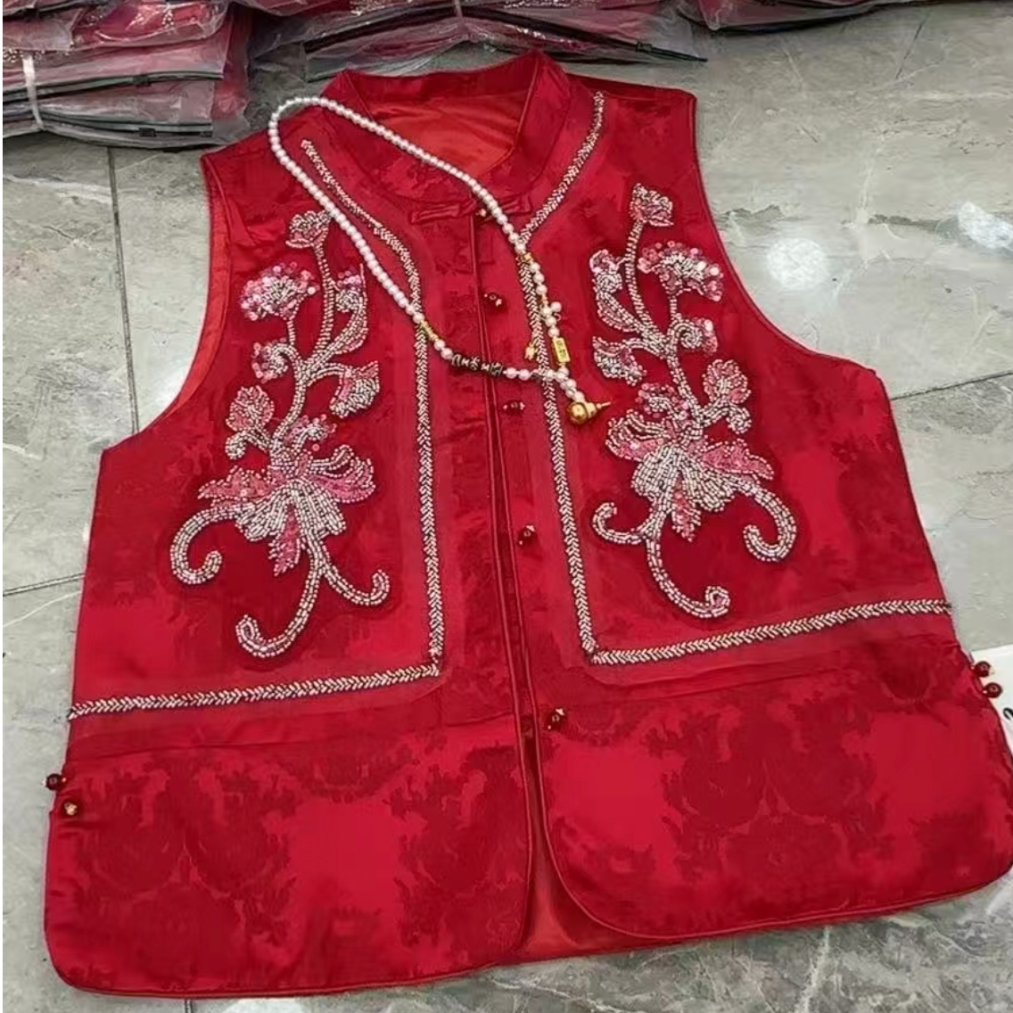 〖猫姐衣橱〗秋冬新款提花锦缎亮片串珠国风马甲80029