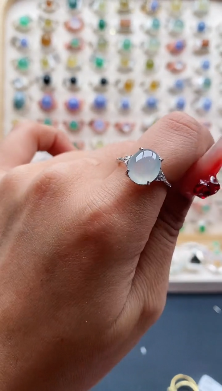 【闪购商品】翡翠戒指银S925镶嵌缅甸天然A货翡翠222 9+3