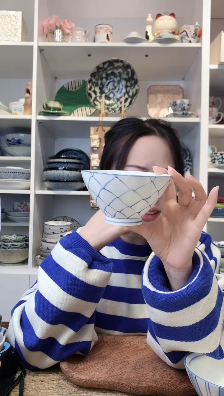 陶瓷美浓烧网格斗笠饭碗11.5cm