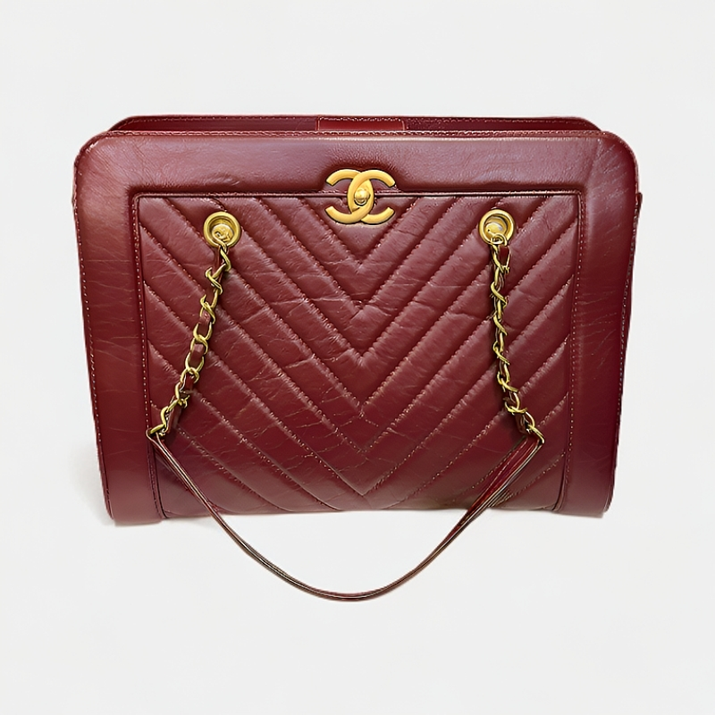 95新 Chanel/香奈儿  波尔多红金扣托特单肩包标卡齐全24开B1450