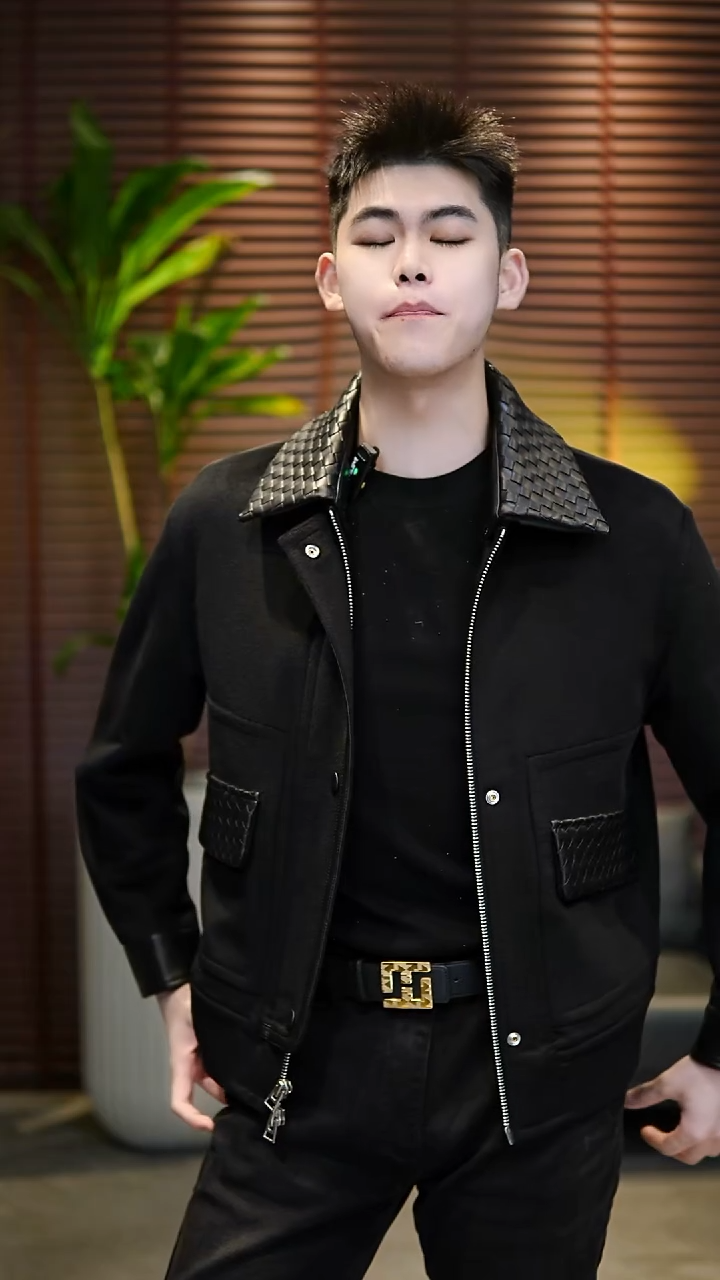 50码（125-140斤）男士真皮编织领羊毛夹克6881