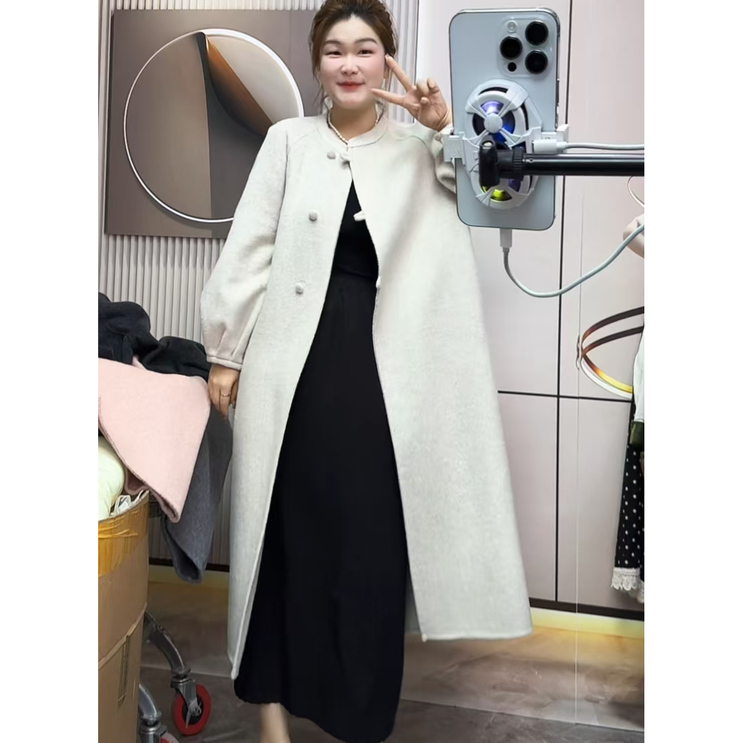 冬季立领新中式双面大衣女气质中长款外套