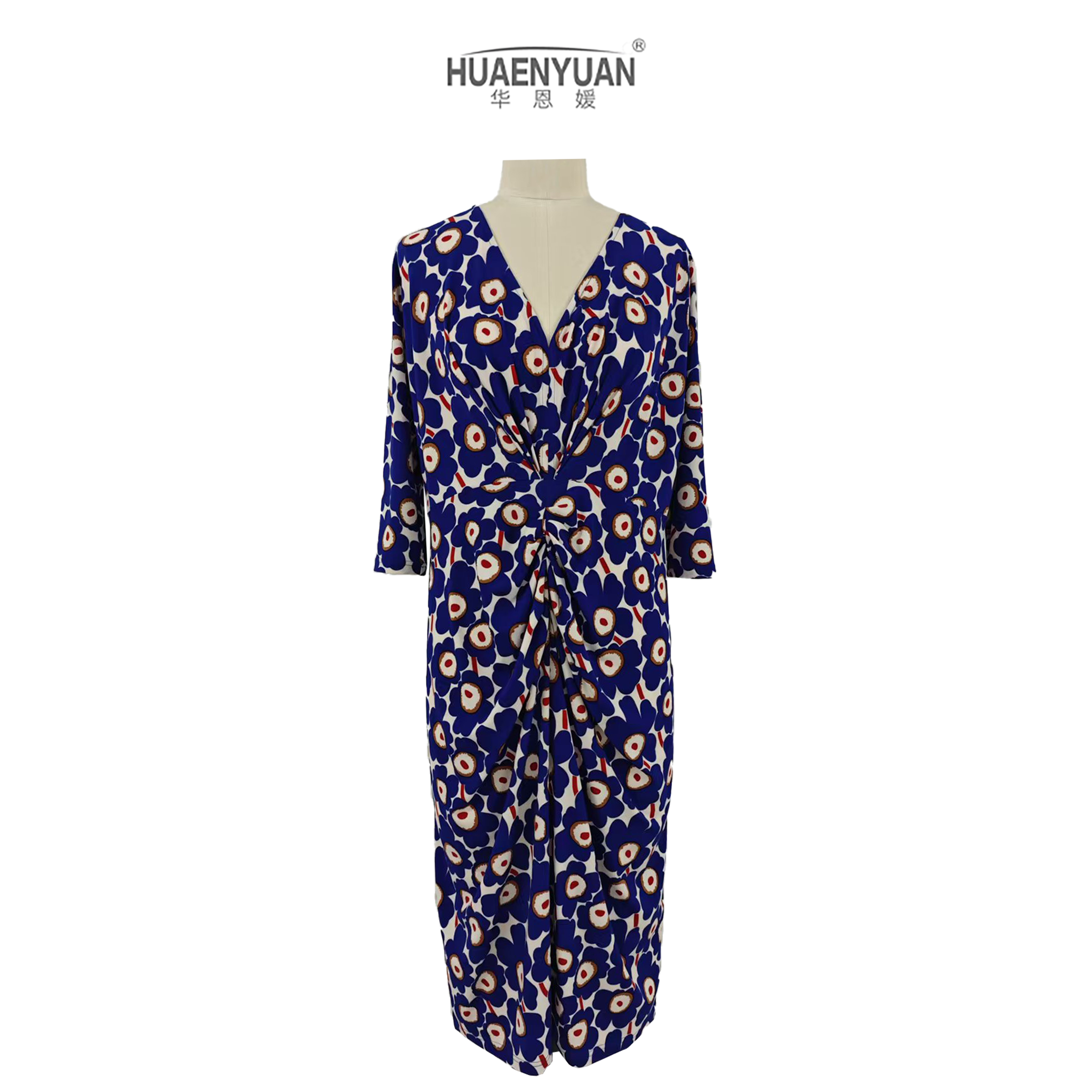 【HUAENYUAN】#016A轻奢气质遮肚子修身显身材艳蓝色印花针织连衣裙