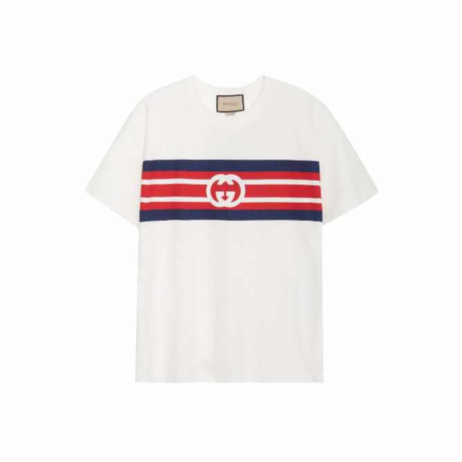 GUCCI古驰 条纹印花短袖T恤 男款 米白色616036-XJDAG-9095