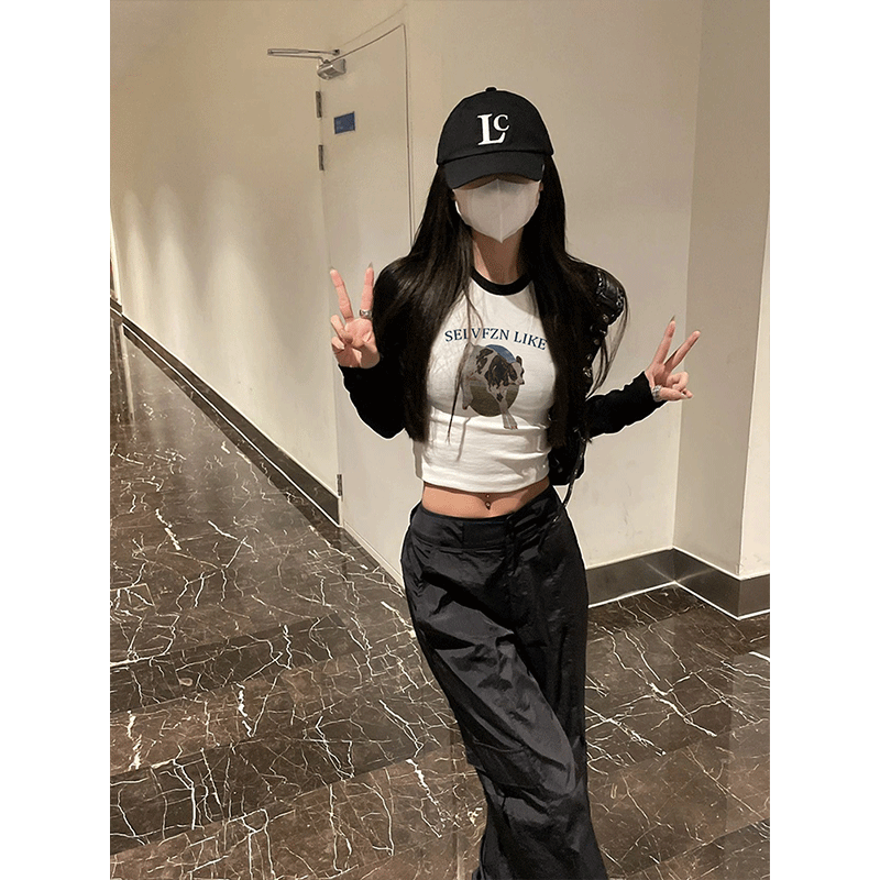撞色圆领打底衫女春秋季侧边褶皱收腰修身T恤方领内搭短款上衣