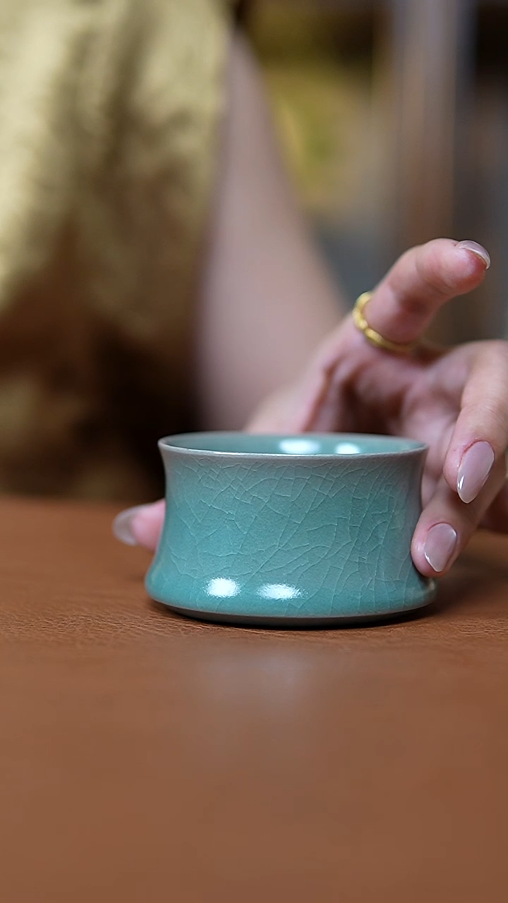 瓷片仿古翡翠绿釉竹韵杯孤品瑕