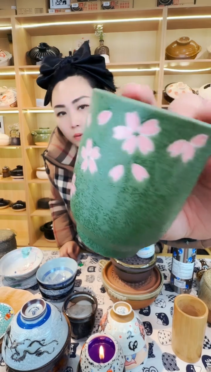 日本进口绿釉樱花杯