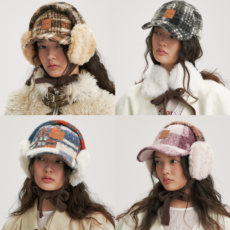 CHUNISLET纯屿秋冬羊毛保暖格子耳罩棒球帽两件套休闲风