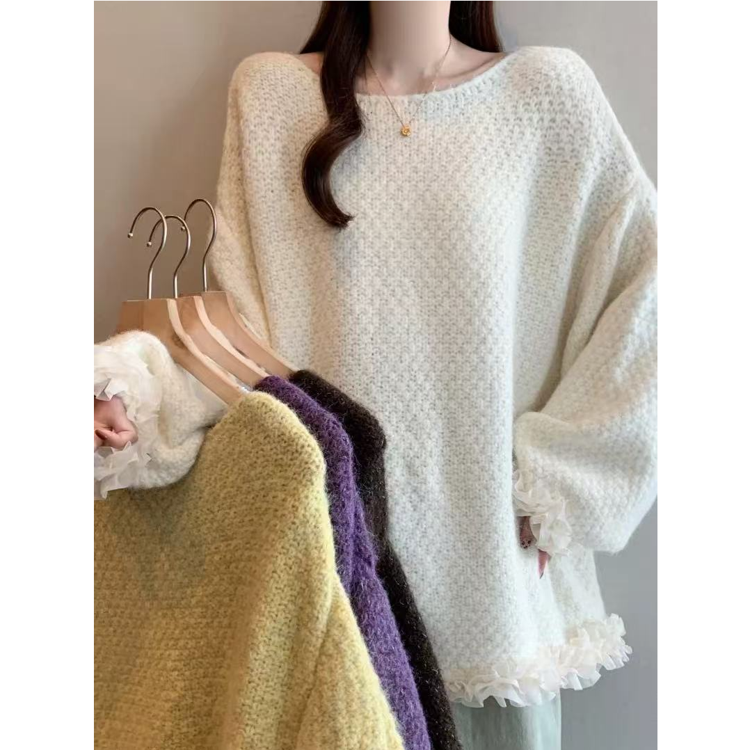 格子推荐~慵懒风蕾丝花边毛衣