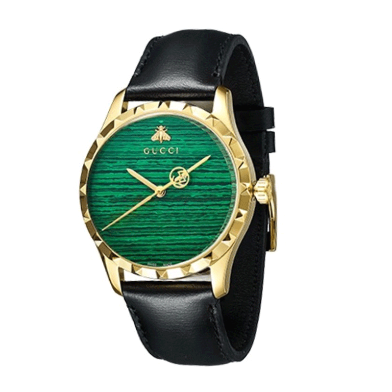 【娜姐专属】GUCCI古驰黑色皮革绿色表盘38MM石英腕表YA126464