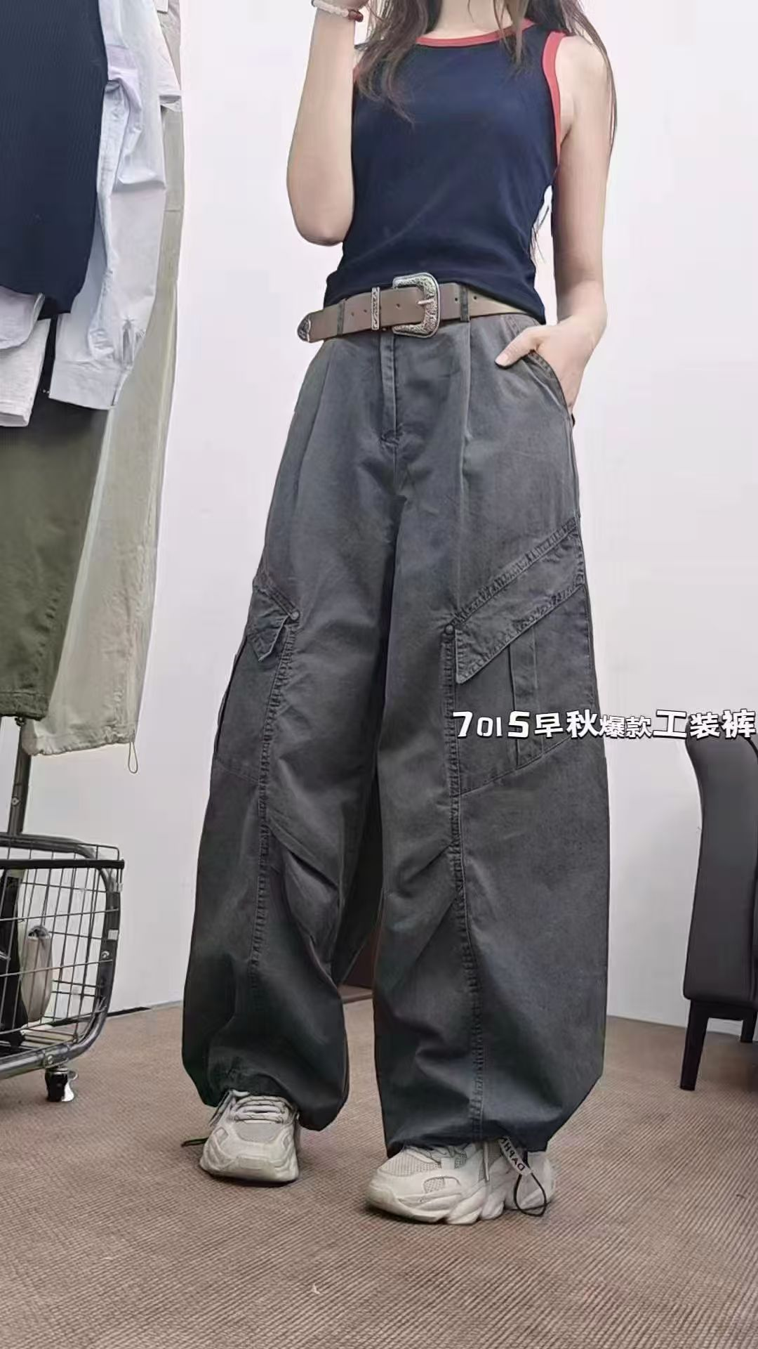 美式阔腿工装裤女夏季新款复古褶皱宽松显瘦直筒裤