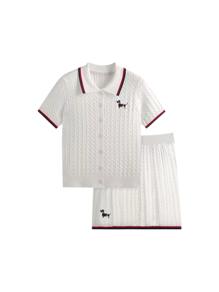 24072夏款刺绣翻领针织短袖上衣包臀裙两件套女减龄学院风