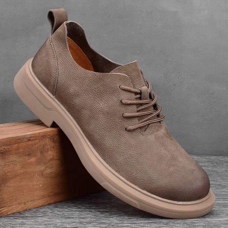 休闲皮鞋男外贸真皮休闲鞋百搭纯牛皮软皮宽松大头鞋厚底防滑男鞋