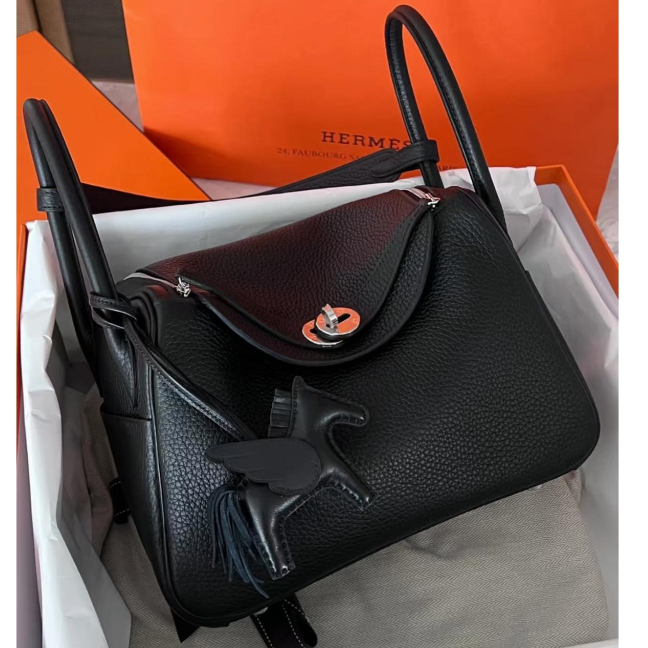 99新 Hermes/爱马仕 小花柳 Lindy 30 黑色 TC皮 D刻银扣包