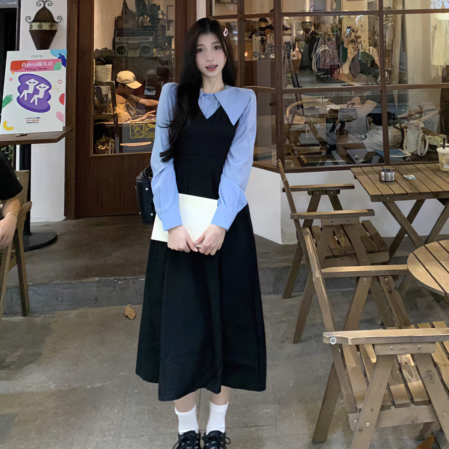 （80-200斤）大码学院风假两件长袖连衣裙女收腰显瘦A字裙裙子1439