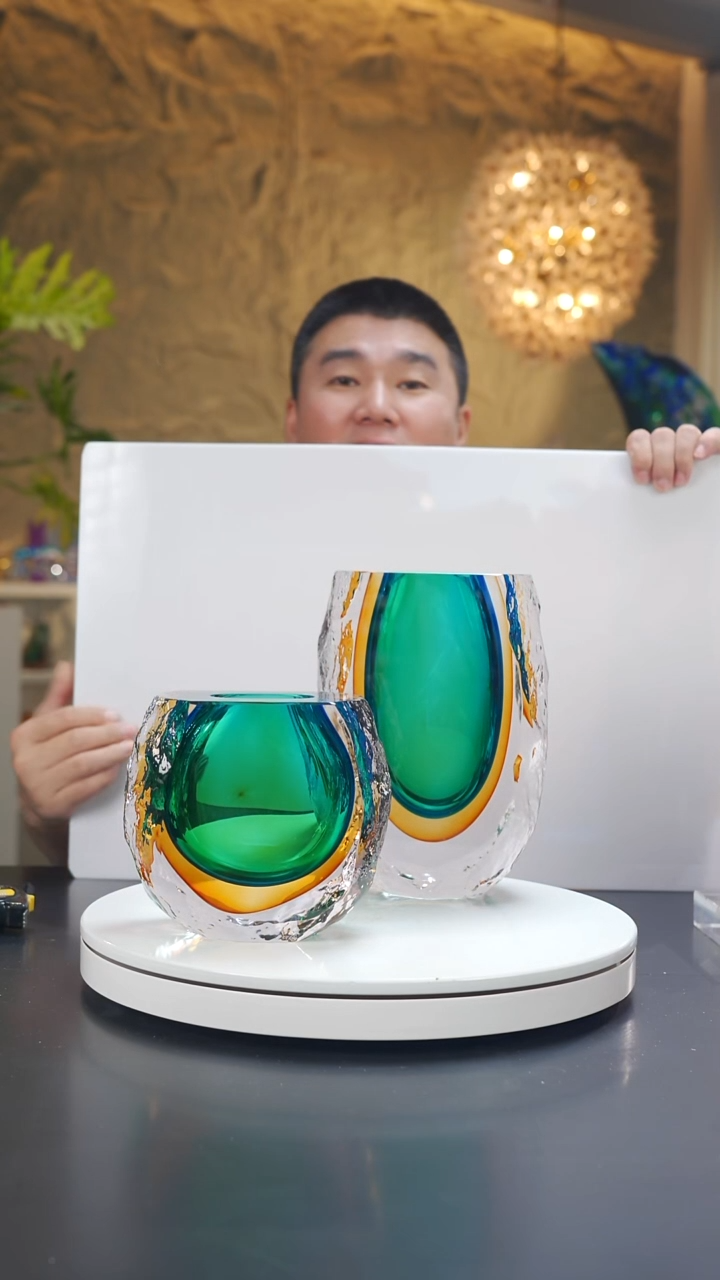 手工艺品琉璃蓝金色冰川纹花器一大一小 