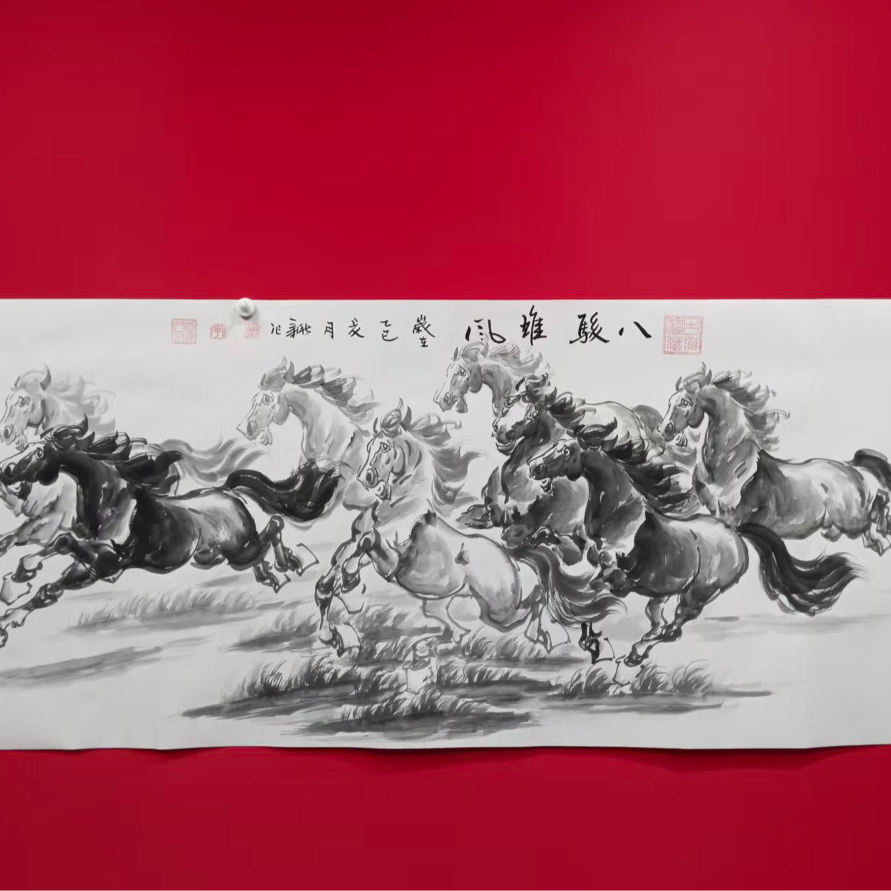 李新社手绘宣纸六尺横幅八骏雄风-水墨画