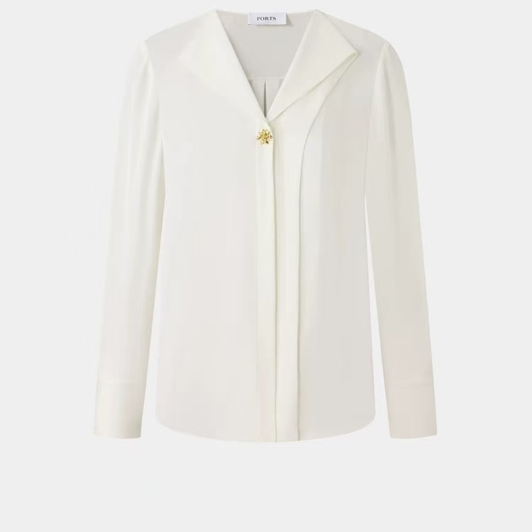 H179女装早秋新款“雪绒花”金属扣造型桑蚕丝真丝衬衫