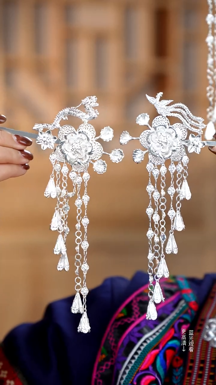 珐琅足银新款龙凤一对发簪