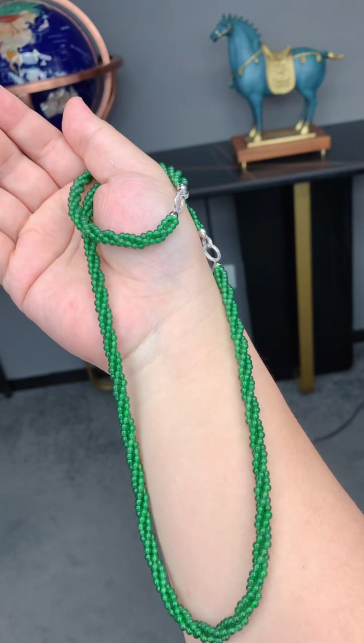 【闪购商品】定制翡翠18K金镶嵌翡翠项链三圈+翡翠手链三圈